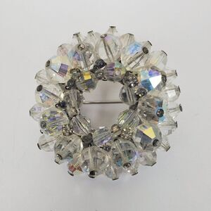 Vintage Aurora Borealis Clear AB Glass Beaded‎ Cluster Wreath Circle Brooch Pin